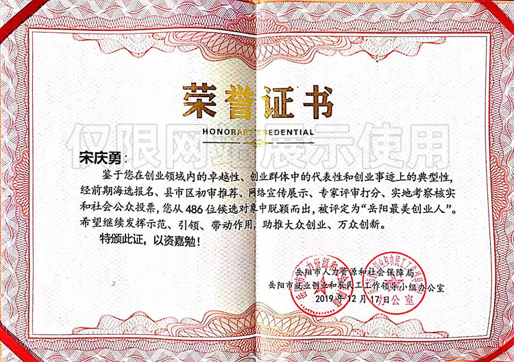 宋慶勇《岳陽(yáng)最美創(chuàng  )業(yè)人》榮譽(yù)證書(shū)